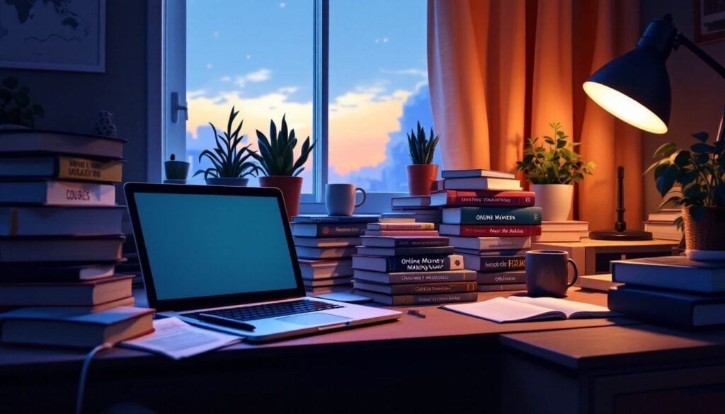 Een rommelig bureau met een open laptop en stapels boeken over online geld verdienen.