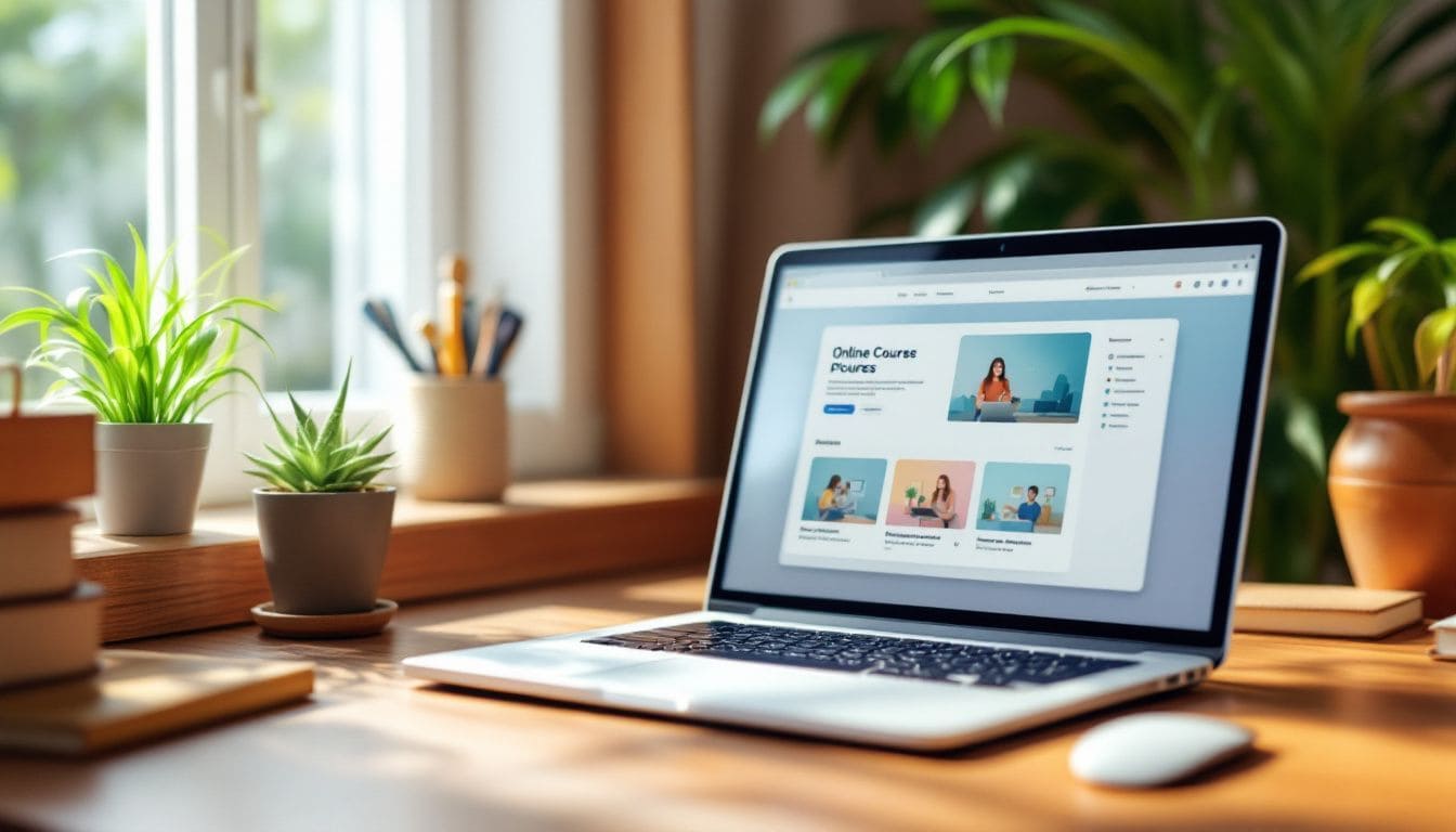 Een gezellige thuiskantoor met een open laptop en online cursusplatform.
