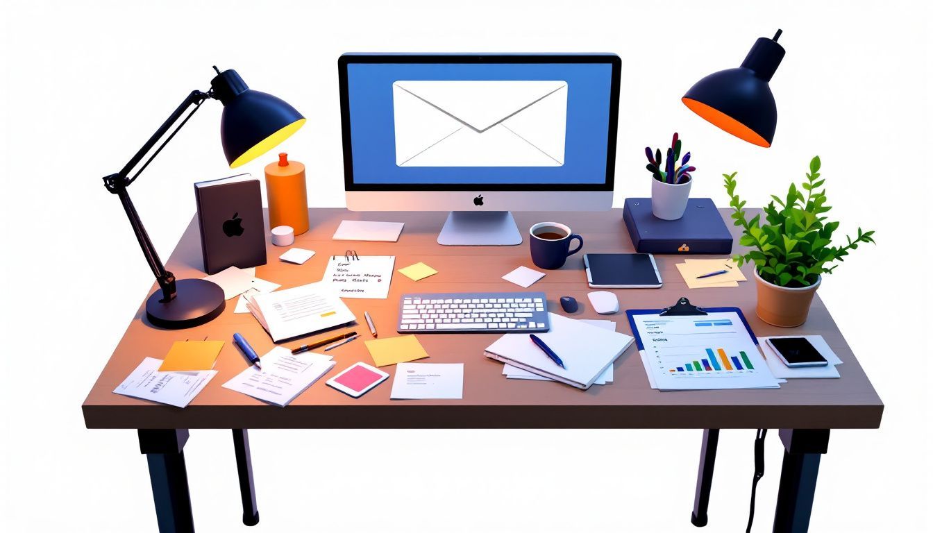 Een rommelig bureau met computer, koffiekopje en notities in platte stijl.