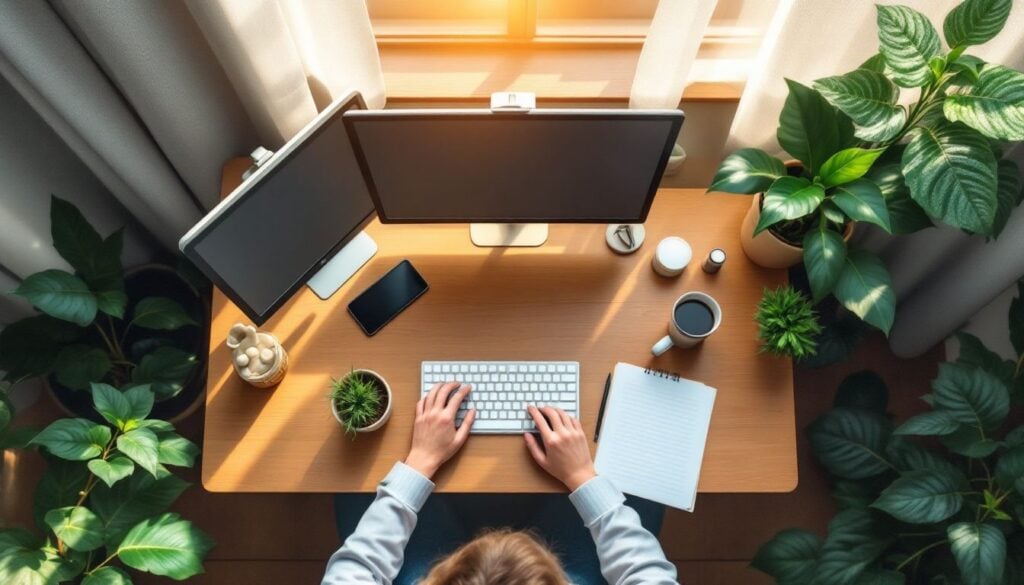 Een gezellig thuiskantoor met houten bureau en technologie.