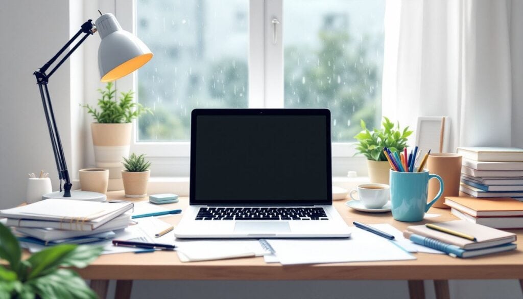 Een rommelig bureau met een laptop, koffie en notitieboeken op een regenachtige dag.