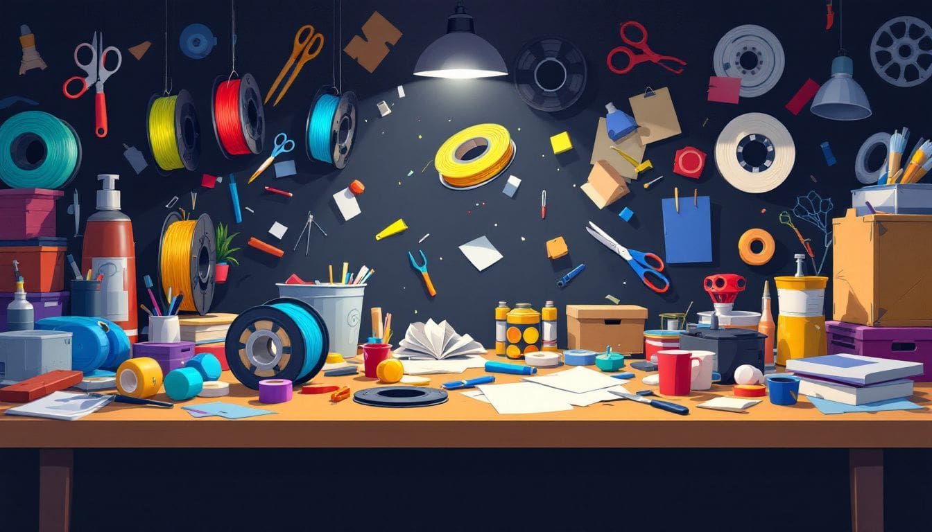Een rommelige werkbank met 3D-printmaterialen en gereedschappen.