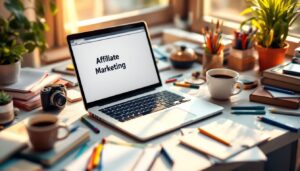 Een rommelig bureau met een open laptop en notitieboeken.