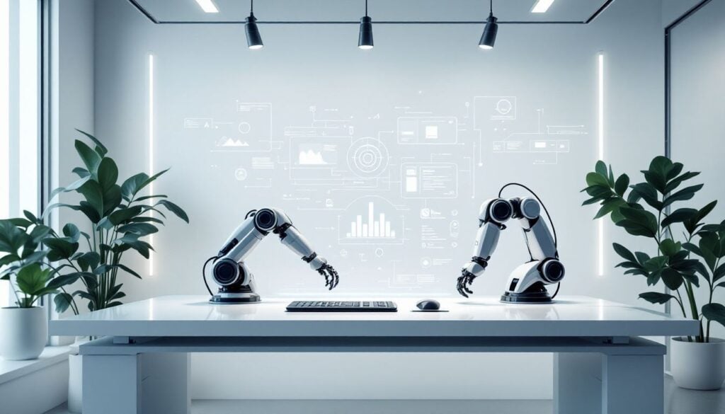 Een futuristische werkruimte met holografische AI-interfaces en robotarmen.