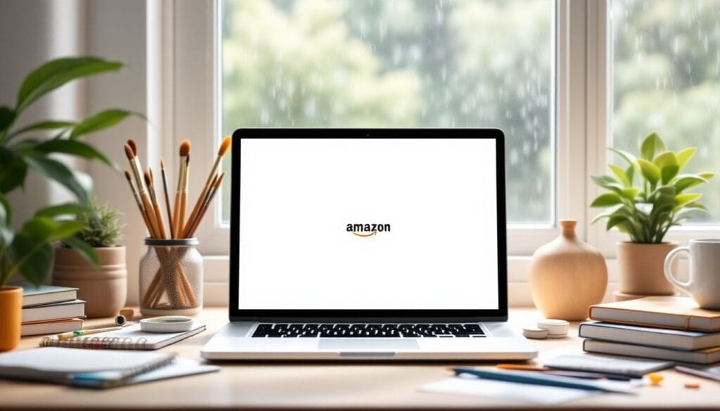 Een open laptop met Amazon-logo, omringd door creatieve tools.
