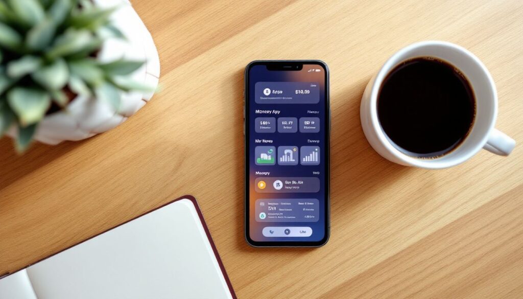 Een smartphone met geldgerelateerde apps op een houten bureau.