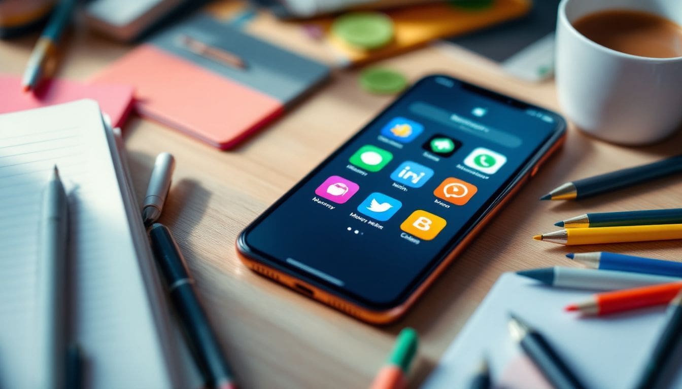 Een rommelig bureau met een iPhone die geld verdienende iOS-apps toont.