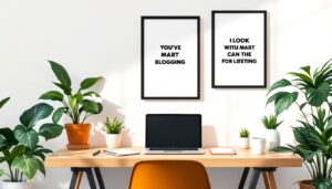 Een gezellig en uitnodigend thuiskantoor met motivatie en planten.