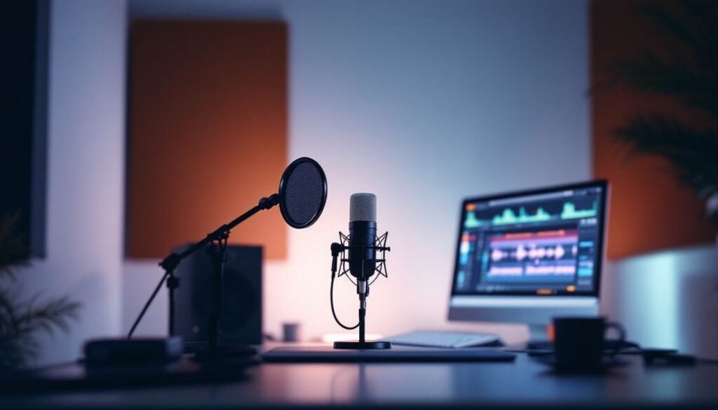 Een eenvoudige opstelling van een thuismuziekstudio met een microfoon en computer.