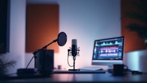 Een eenvoudige opstelling van een thuismuziekstudio met een microfoon en computer.