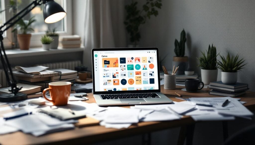 Een rommelig bureau met een open laptop en koffiekopje.