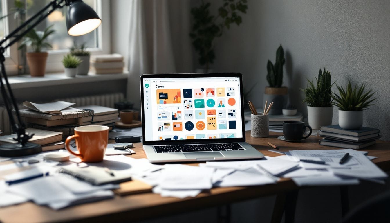 Een rommelig bureau met een open laptop en koffiekopje.