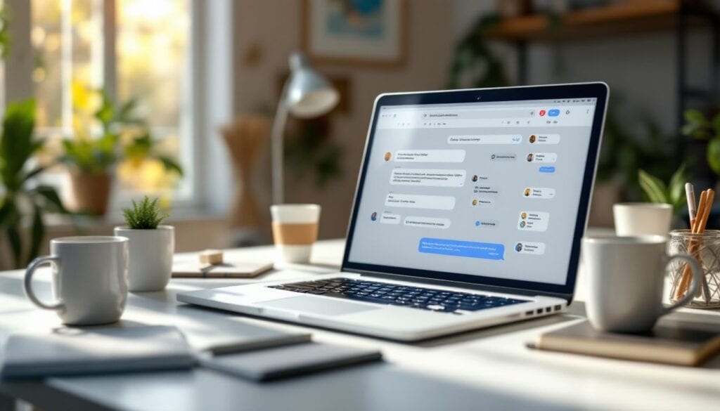 Een open laptop met een chatbot-interface, omringd door koffiemokken en notitieboeken in een gezellig thuiskantoor.