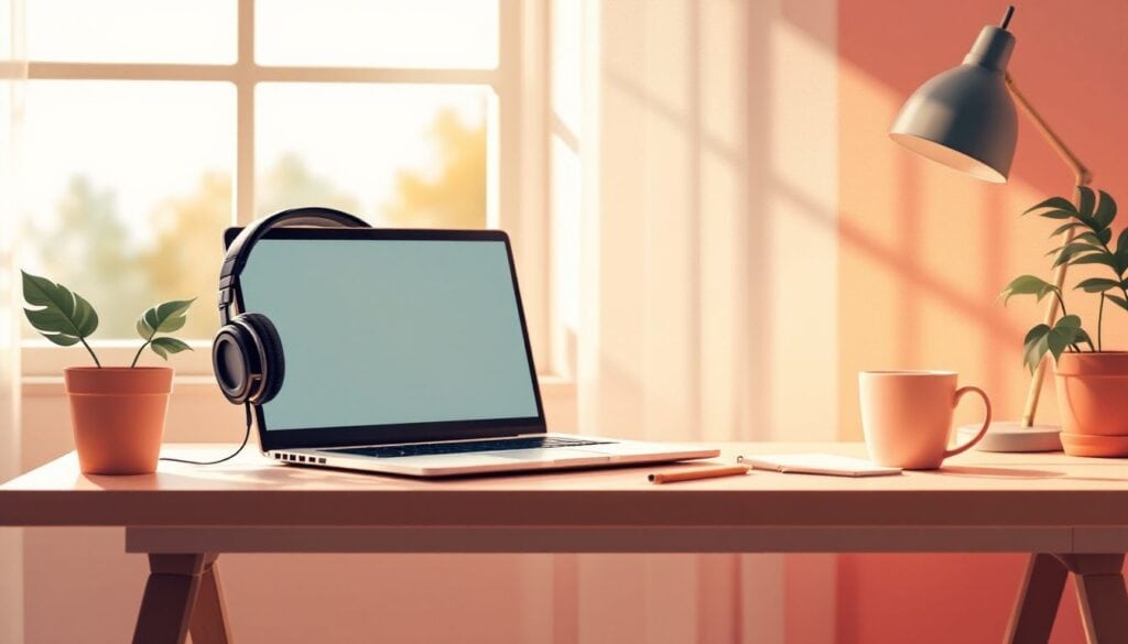 Een comfortabele en uitnodigende thuiskantoor setup met een laptop, koptelefoon, koffiekop en notitieblok.