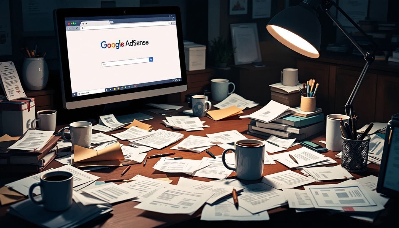 Een rommelig bureau met papieren, koffiemokken en een computer. Een rommelig bureau met papieren, koffiemokken en een computer.