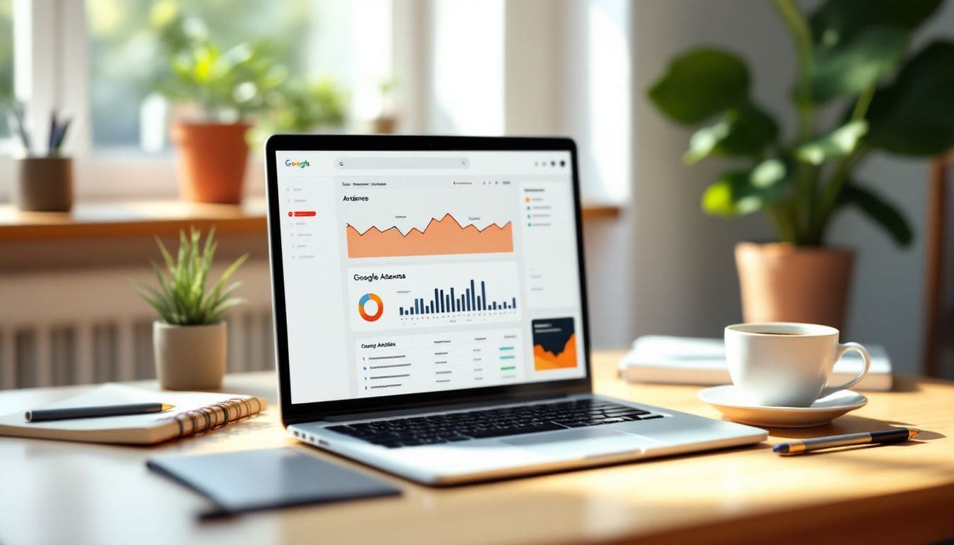 Een gezellig thuiskantoor met een open laptop en Google Adsense analytics.