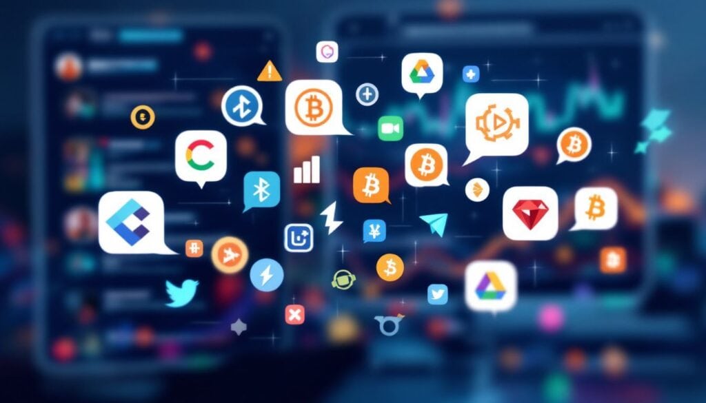 Een afbeelding van diverse cryptocurrency logo's en symbolen in een levendige online discussieomgeving.