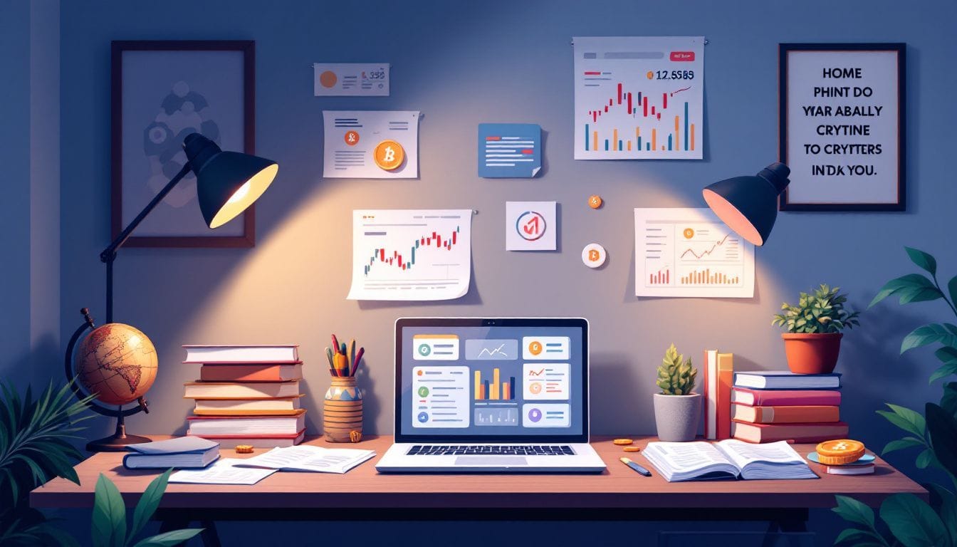 Een rommelig thuiskantoor met cryptocurrency grafieken, boeken en laptop.