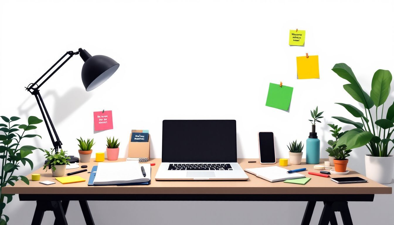 Een moderne kantooropstelling met een laptop, notitieboek en planten.