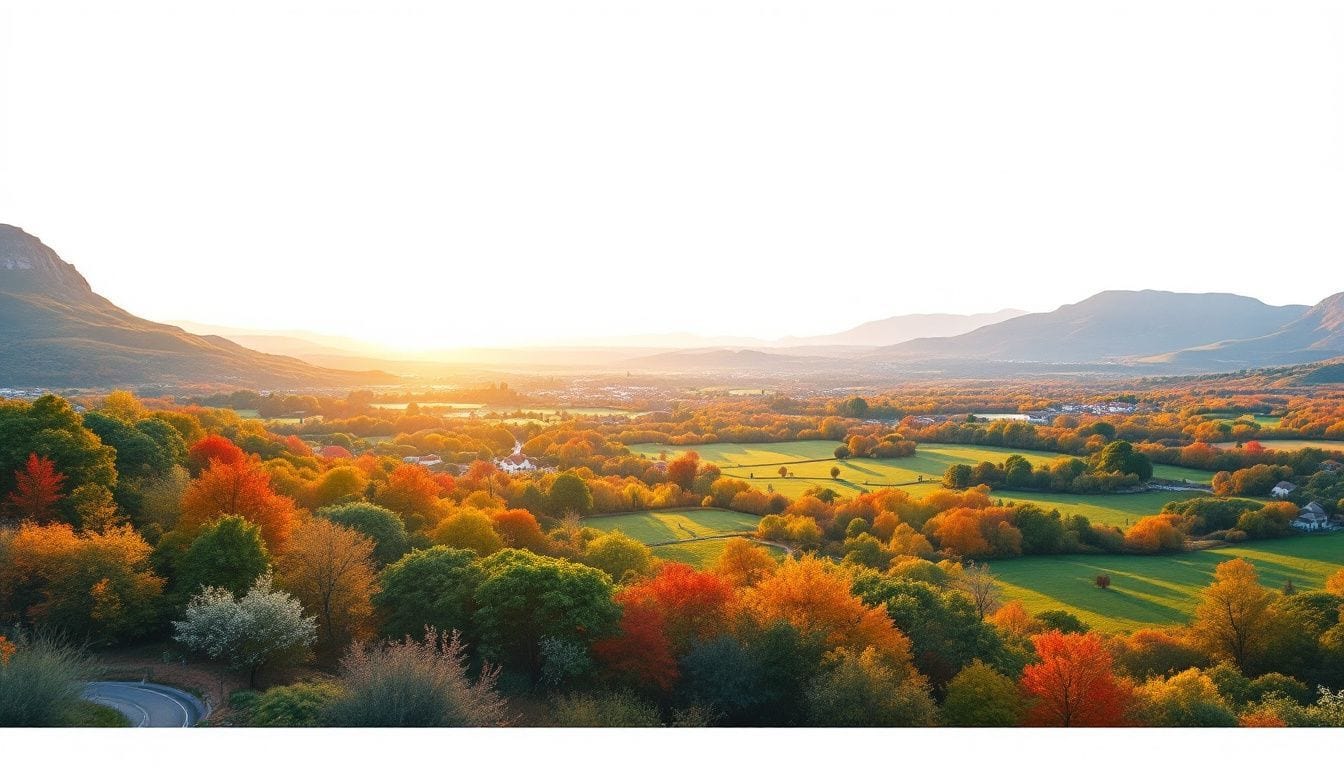 Een luchtfoto van een prachtig landschap tijdens het gouden uur.