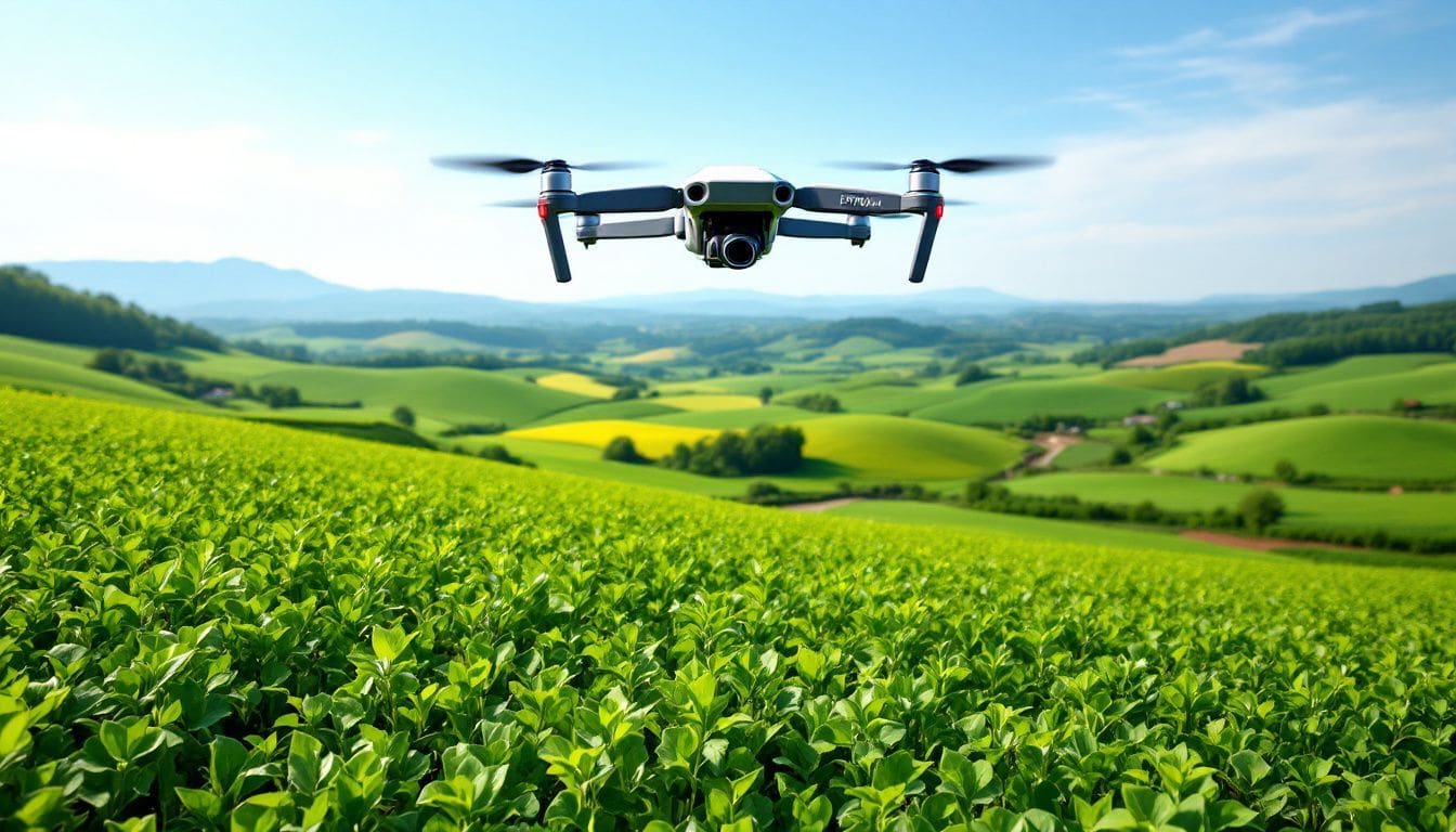 Een drone maakt luchtopnames van een groen agrarisch landschap.