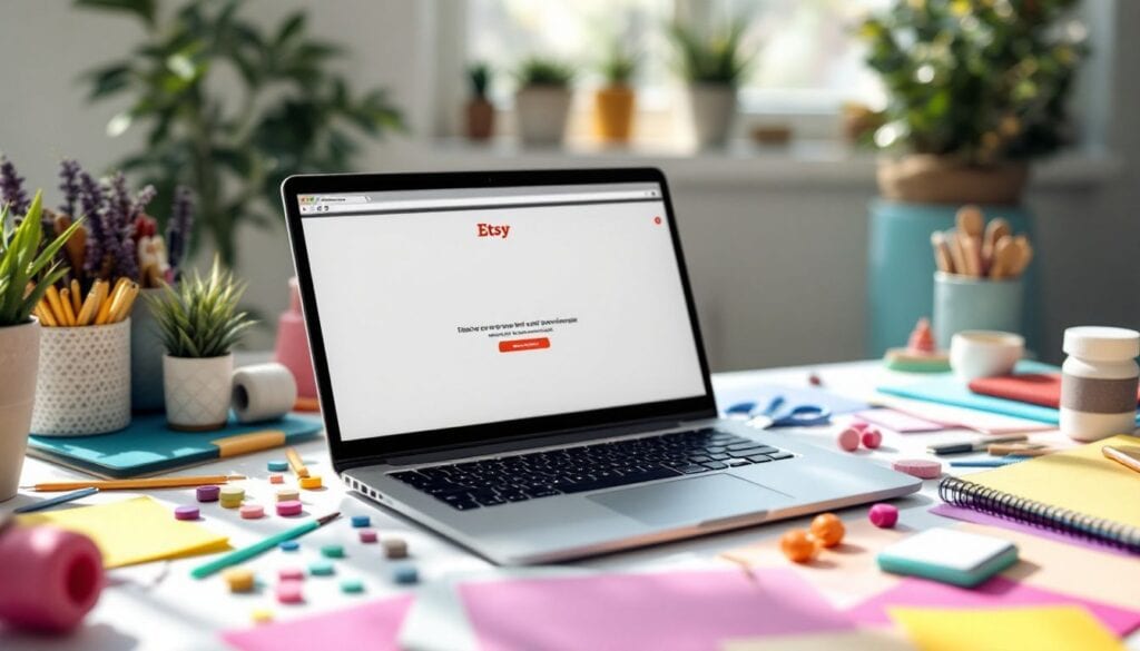 Een bureau met knutselspullen en een open laptop, gericht op Etsy.
