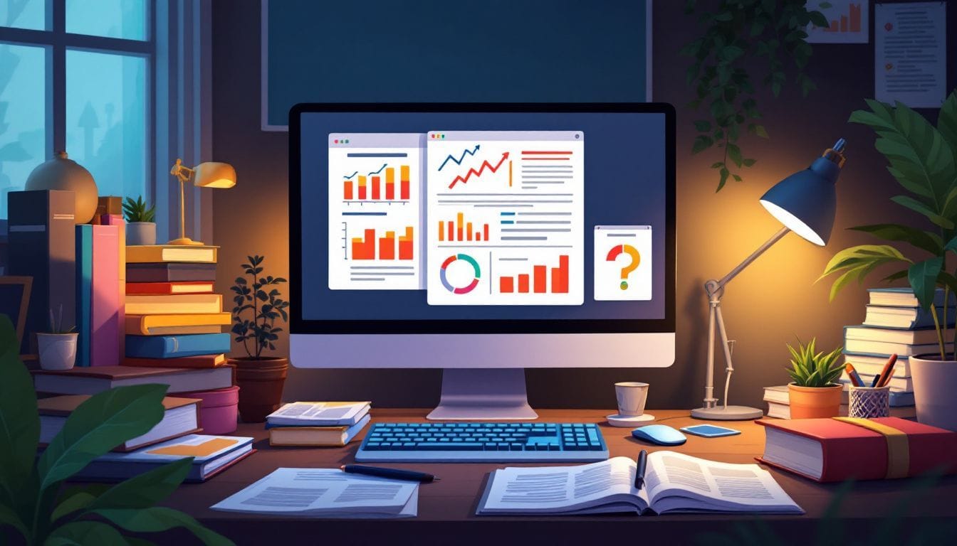 Een gezellig kantoor met een marktonderzoek rapport wordt geanalyseerd op een computer.
