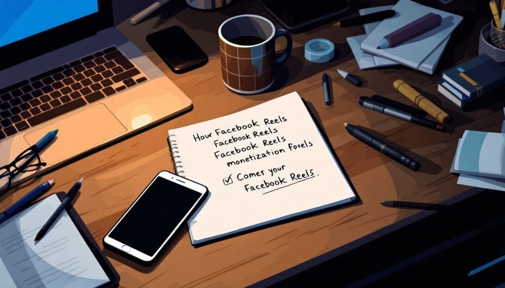 Een rommelig bureau met open laptop, smartphone en aantekeningen.