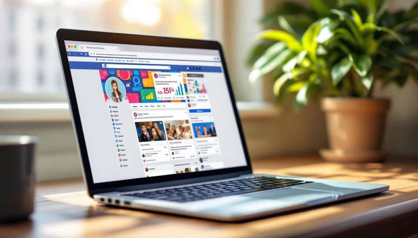 Een open laptop toont een kleurrijke Facebook-pagina op een houten bureau.