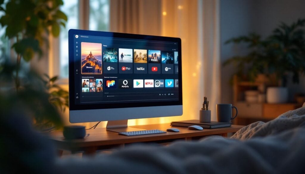 Een gezellige woonkamer met een computer die verschillende streaming video-platforms weergeeft.