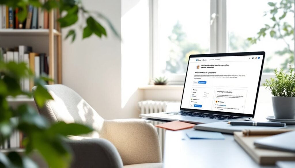 Een comfortabele thuiskantooropstelling met focus op affiliate marketing op Telegram.