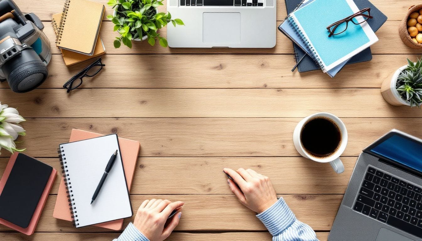 Een professioneel ingerichte houten bureau met kantoorbenodigdheden. Een professioneel ingerichte houten bureau met kantoorbenodigdheden.