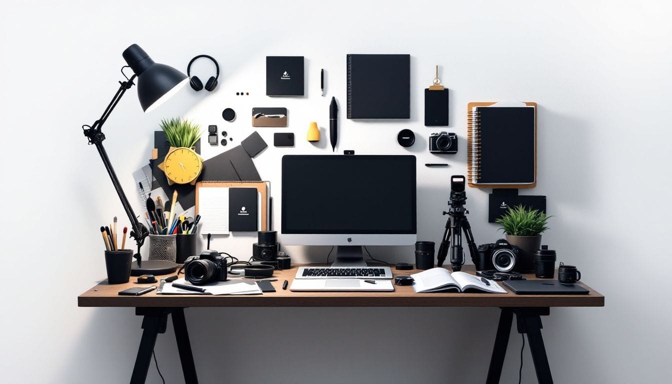Een rommelig bureau van een freelance fotograaf, vol met creatieve spullen.
