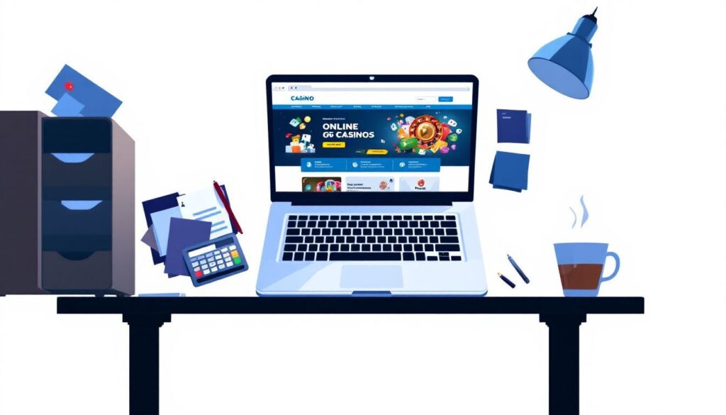 Een rommelig bureau met een open laptop, calculator en koffiekopje.