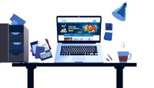 Een rommelig bureau met een open laptop, calculator en koffiekopje.