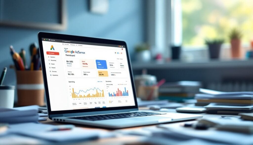 Een open laptop toont Google AdSense-dashboard op een rommelig bureau.