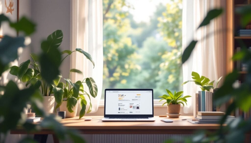 Een comfortabele, huiselijke kantoorwerkplek met een laptop en planten.