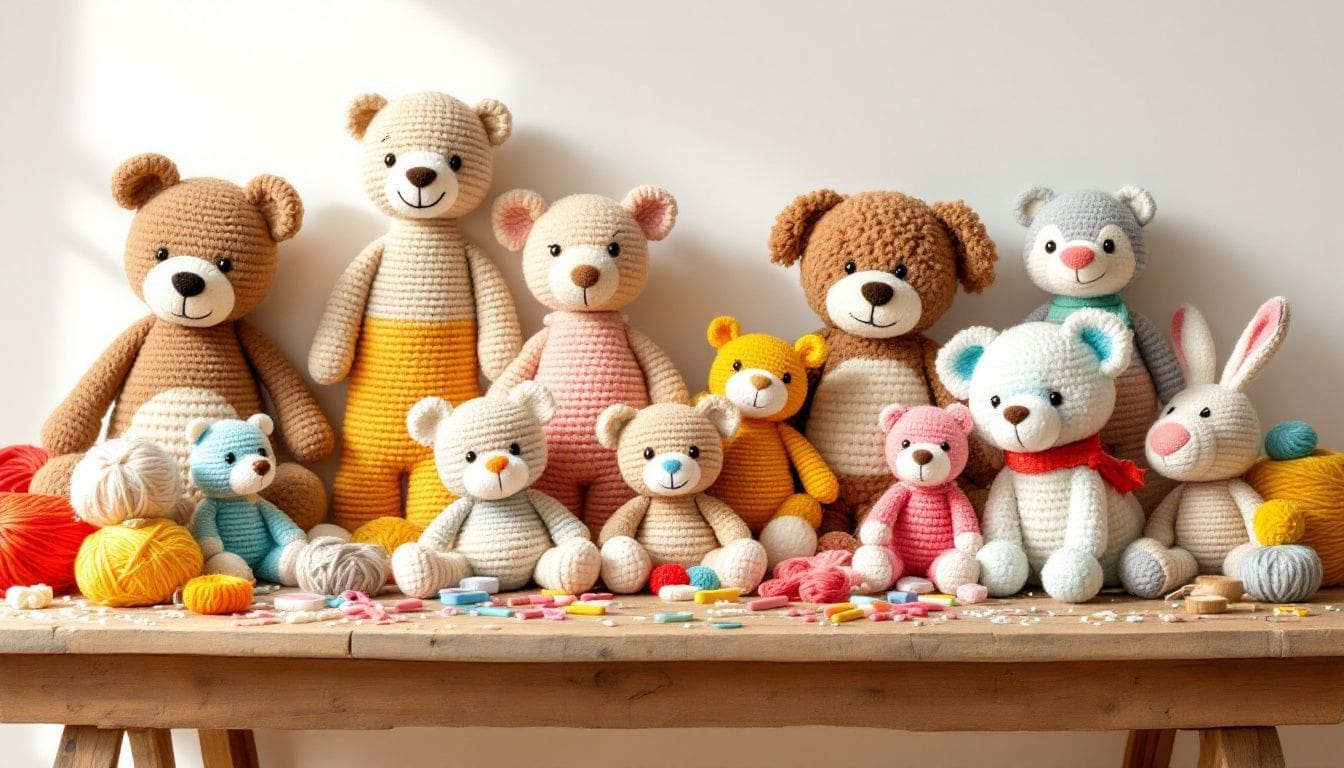 Een verzameling gehaakte knuffeldieren tentoongesteld op een houten tafel.