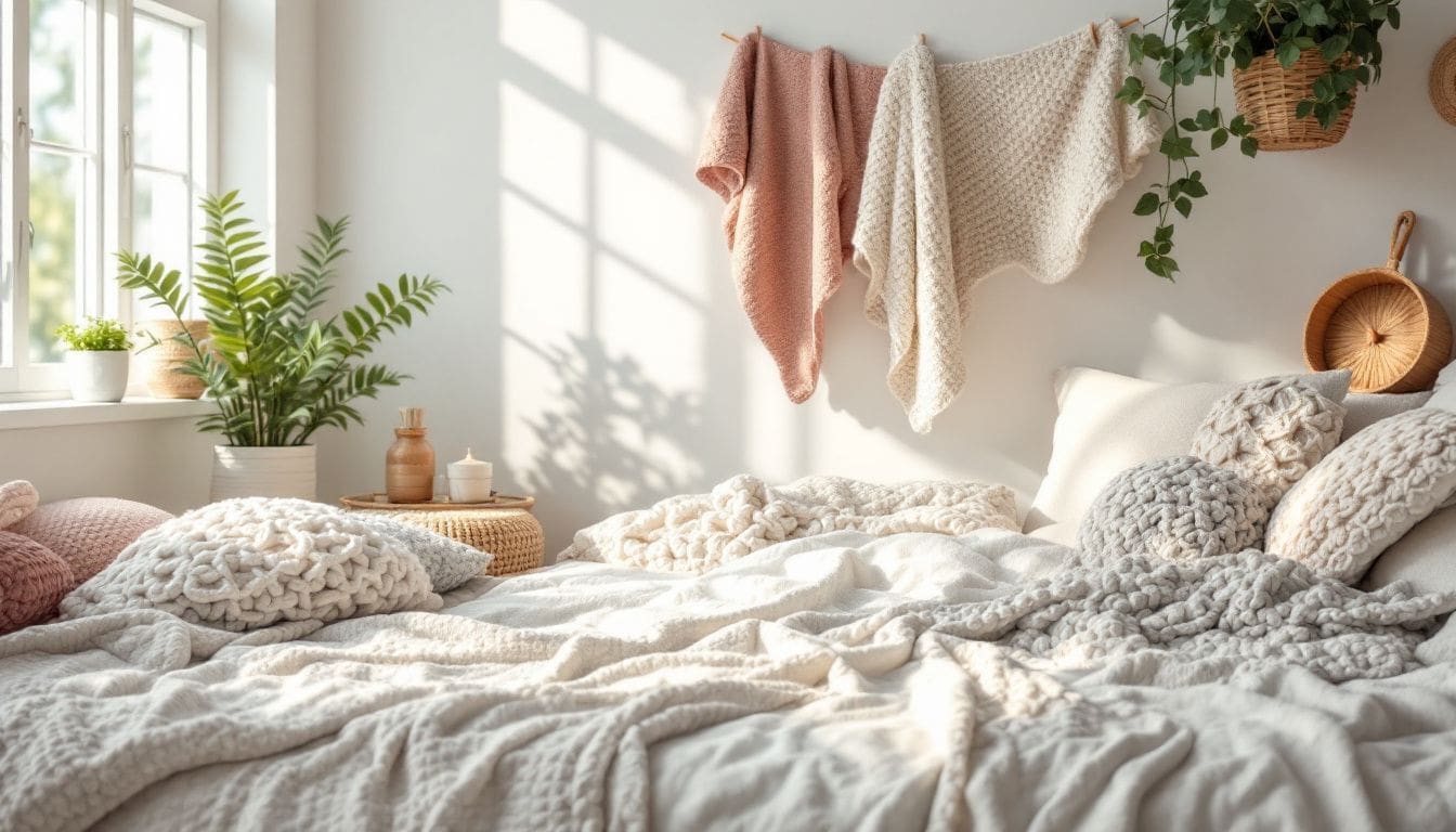 Een gezellige slaapkamer met handgemaakte gehaakte items.