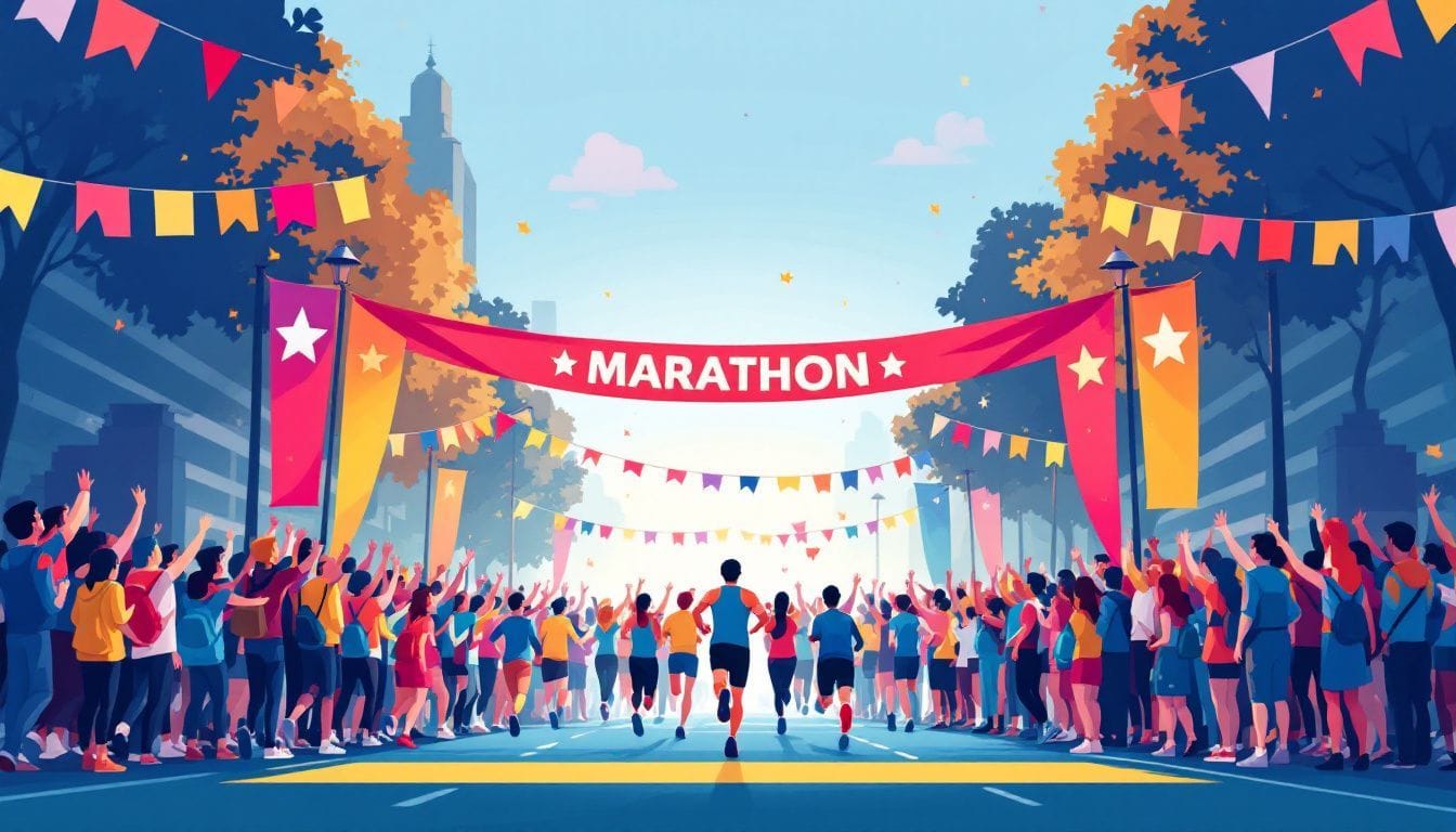 Een levendige marathon finish met juichende menigte en banners. Een levendige marathon finish met juichende menigte en banners.