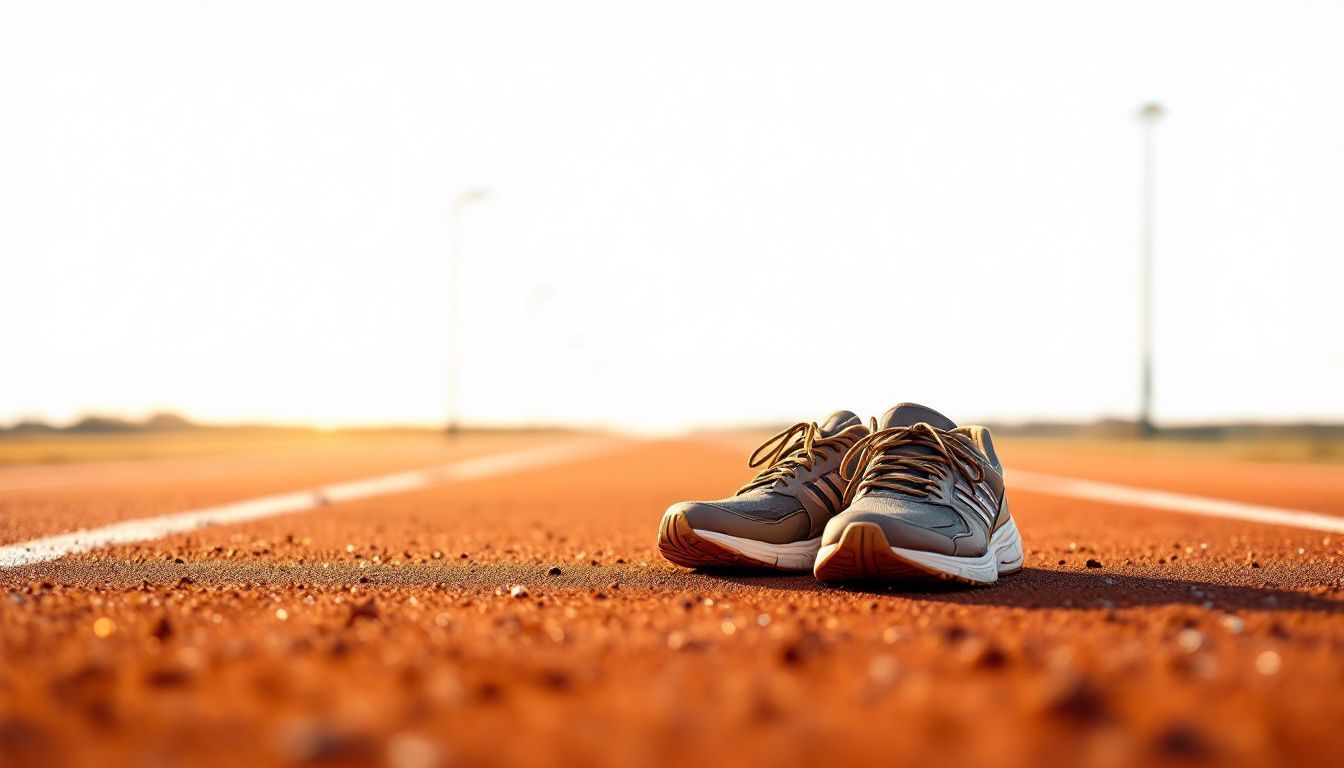 Een paar versleten hardloopschoenen symboliseren vastberadenheid en veerkracht op een verlaten baan.