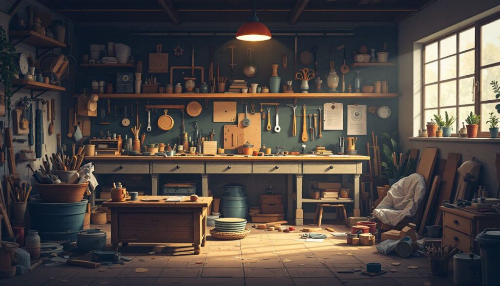 Een rommelige werkplaats met ambachtelijke en houtbewerkingsgereedschappen en materialen.