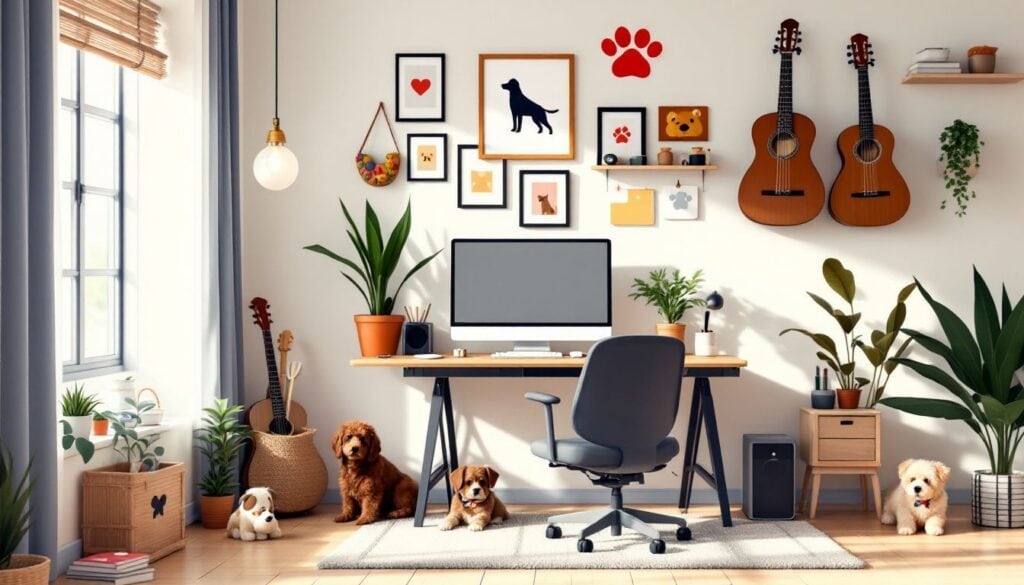 Een gezellig thuiskantoor met honden thema decoratie en georganiseerde werkruimte.