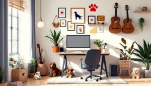 Een gezellig thuiskantoor met honden thema decoratie en georganiseerde werkruimte.