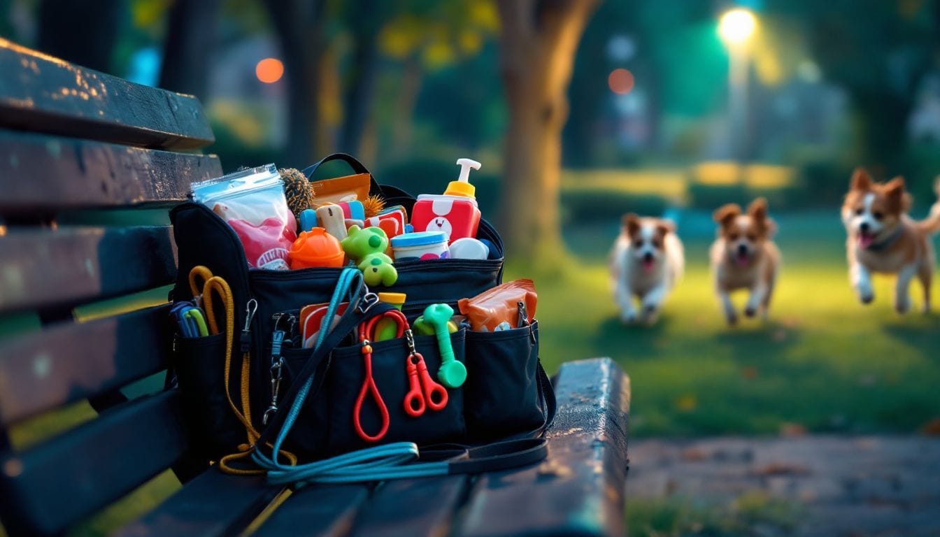 Een hondenuitlaterstas vol met speeltjes en snacks op een bankje.