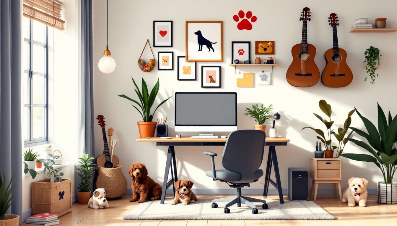 Een gezellig thuiskantoor met honden thema decoratie en georganiseerde werkruimte.