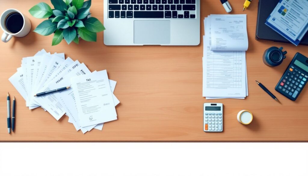 Een opgeruimd bureau met laptop, papieren en belastingformulieren.