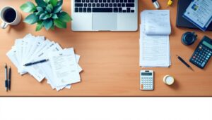 Een opgeruimd bureau met laptop, papieren en belastingformulieren.