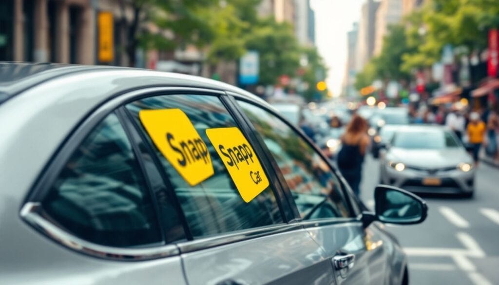 Een geparkeerde auto met een opvallende gele SnappCar-sticker op een drukke stadsstraat.