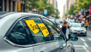 Een geparkeerde auto met een opvallende gele SnappCar-sticker op een drukke stadsstraat.